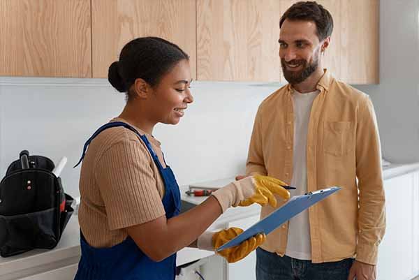 Sunshine Clean staff member consulting with a client